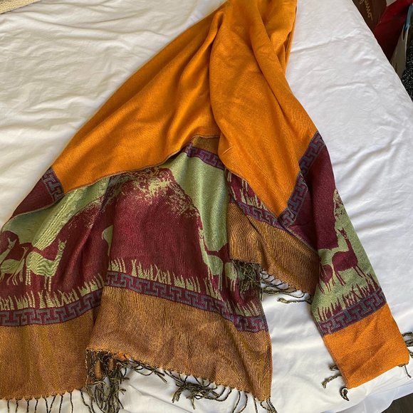 Orange Multicolored Scarf with Tassels and Embroidered Alpaca and Mountains - Picture 1 of 3